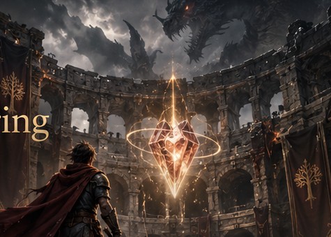 Ruined fantasy colosseum with a glowing heart and dragon