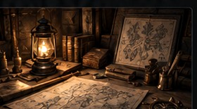Design desk with maps and lantern
